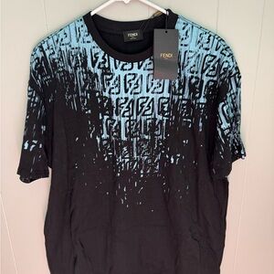 Fendi Men's Black and Light Blue Patterned Tee